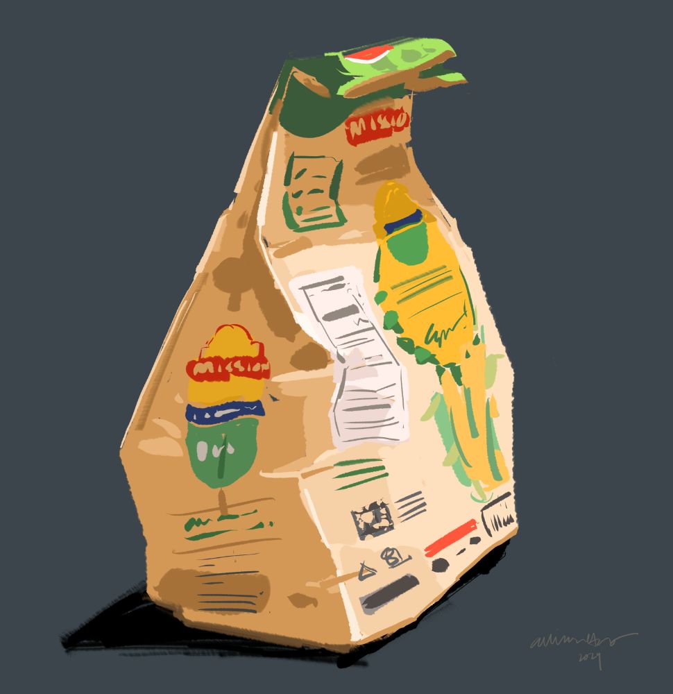 Digital sketch of a bag of Mission tortilla chips. 