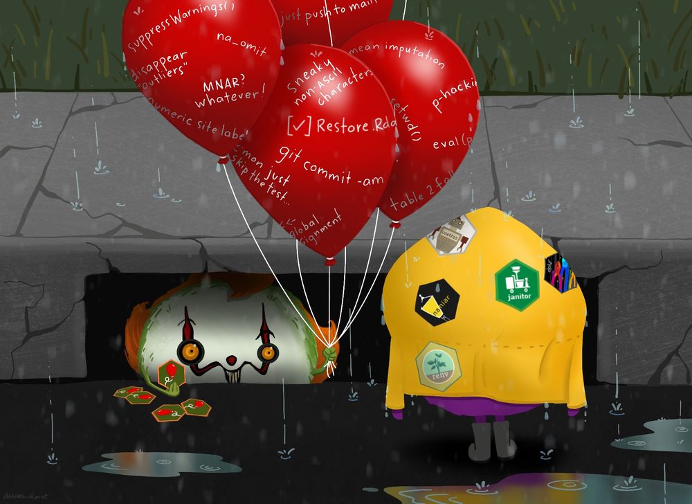 An illustration recreating the It movie poster, where a monster version of Pennywise peers out of a storm drain holding red balloons and hex stickers, enticing a little monster in a yellow raincoat who looks on. On the balloons are written different things to be cautious about in R / stats. On the raincoat are different hex stickers (for janitor, naniar, usethis, dplyr, renv...). 