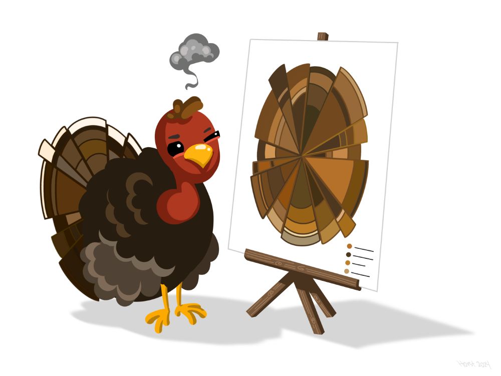 A cartoon turkey looks on in frustration at a sunburst chart, drawn and colored to look like a flared turkey tail.