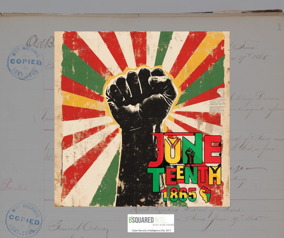 The center image is a raised fist surrounded by green, red, yellow, and white lines. The text of the image says Juneteenth 1865.

The background of the image is the document of General Order No. 3

General Order No. 3 was issued on June 19, 1865, by Union General Gordon Granger in Galveston, Texas, declaring that all enslaved people in Texas were free, thus enforcing the Emancipation Proclamation.