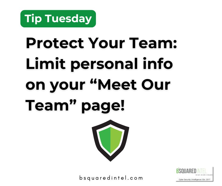Tip Tuesday
Protect Your Team: Limit personal info on your “Meet Our Team” page!

Image:
A green shield representing cybersecurity
