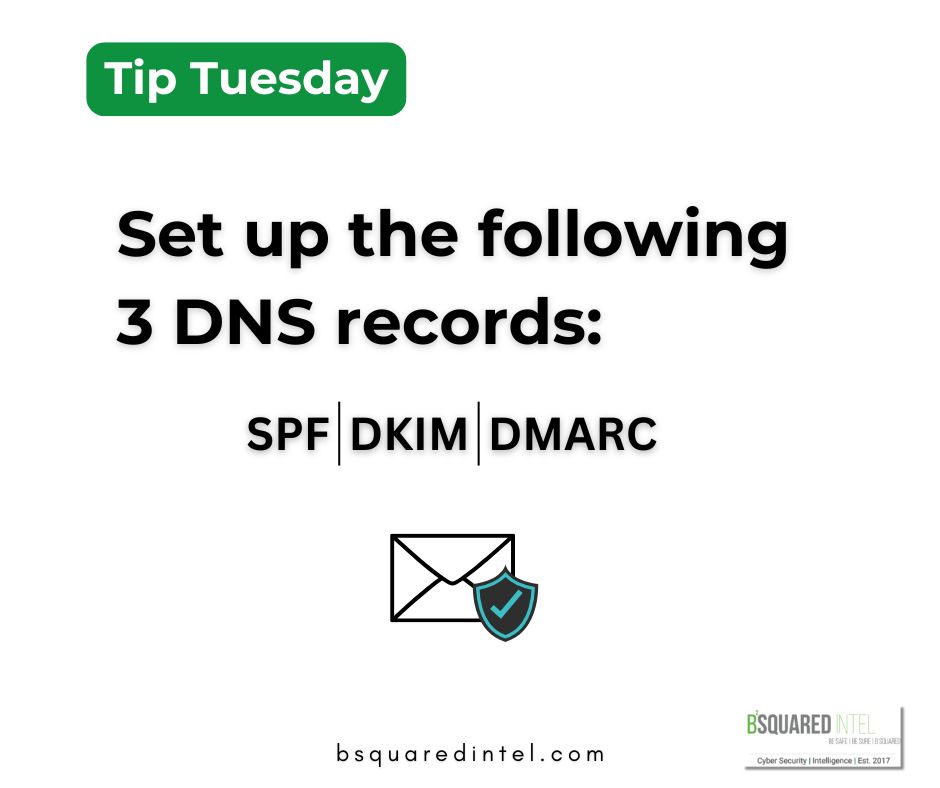 Tip Tuesday

Set up the following 3 DNS records:
SPF, DKIM, DMARC

Image: Icon of a letter representing email and there's a shield on it that represents security.