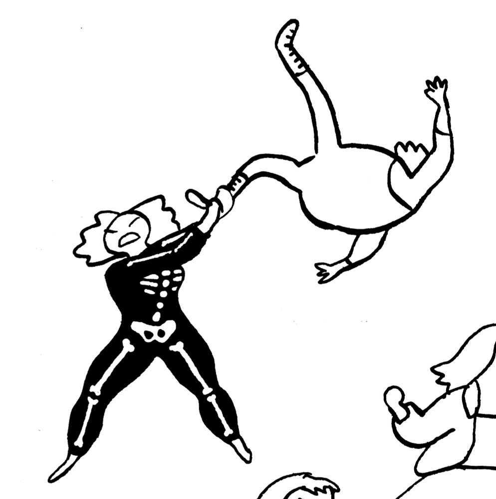 une lutteuse habillée en squelette envoie valdinguer un gars en salopette