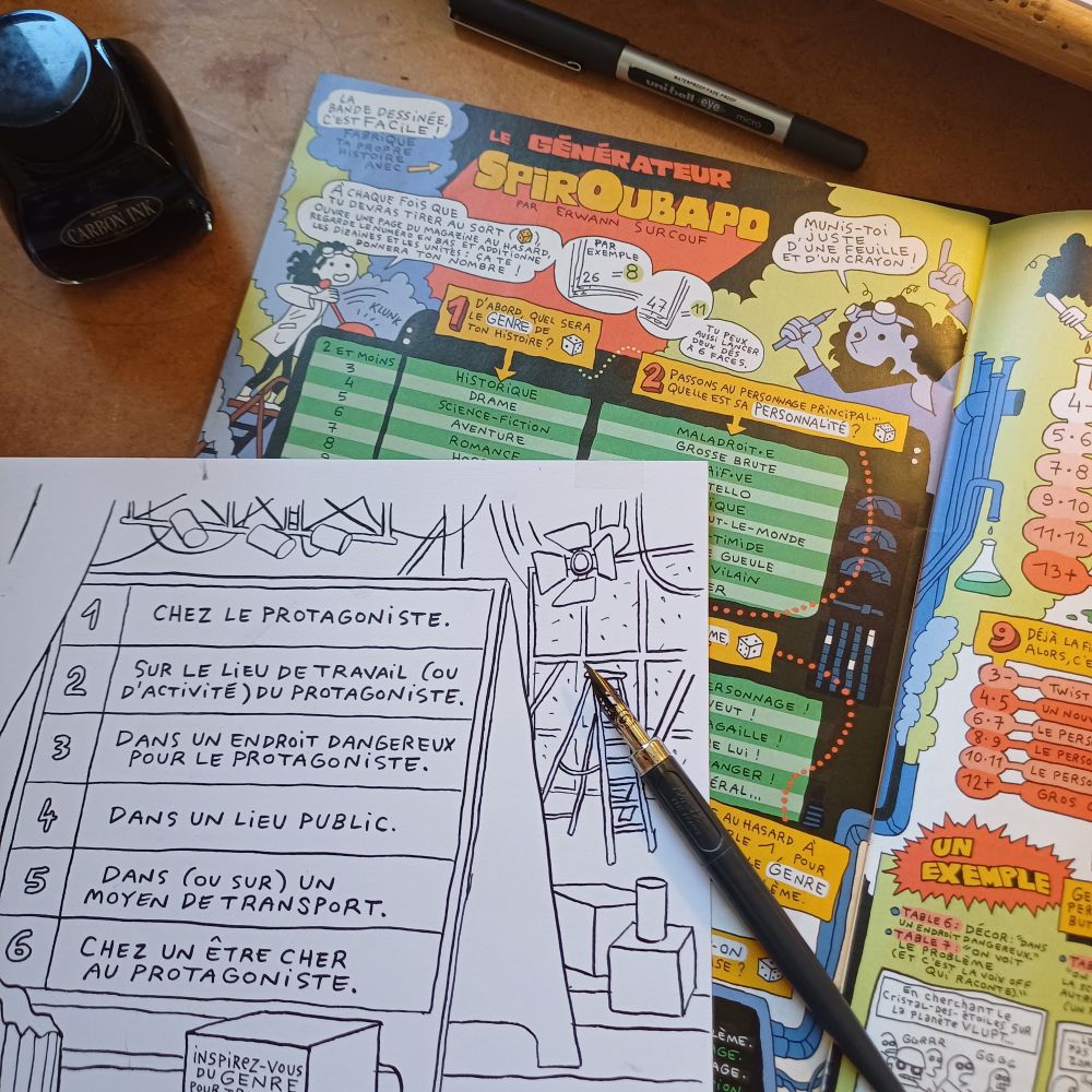 Photo du générateur de strips BD 'Spiroubapo' dans le magazine Spirou, avec par dessus une planche dessinée à la plume de la version livre de ce même générateur 