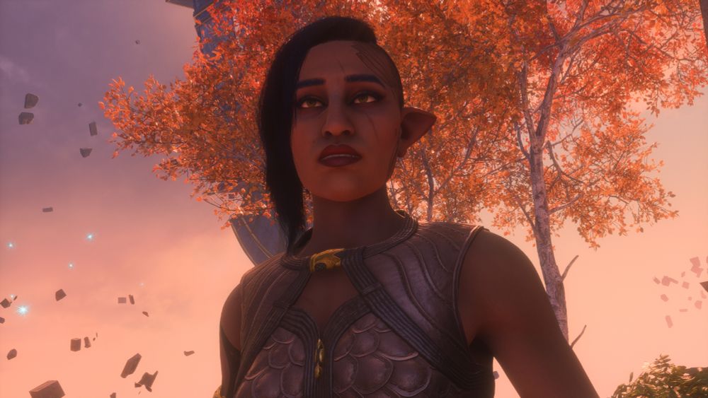 My original character from Dragon Age The Veilguard, Zea De Riva. She stands in front of tree with orange and red leaves as well as bits and pieces of a concrete building that float in the air.
