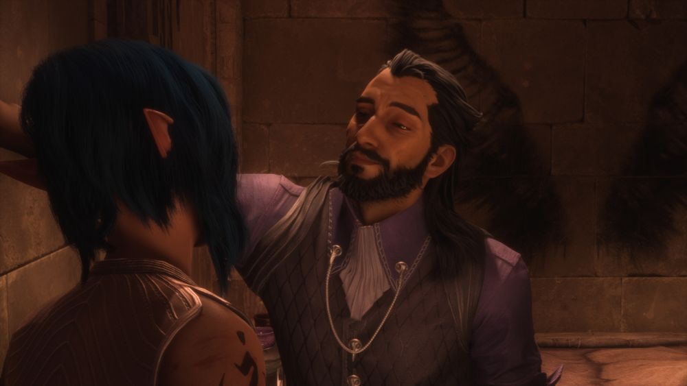 Lucanis has his right hand resting against a wall as he looks flirtatiously at my OC, Zea de Riva.