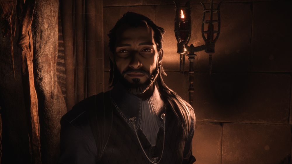 Lucanis looking off camera to his right. He wears a purple, silver, and white outfit. He has accents of crow skulls as buttons and on either side of his collar. He's in a dimly lit room with a two piece candelabra on his left.