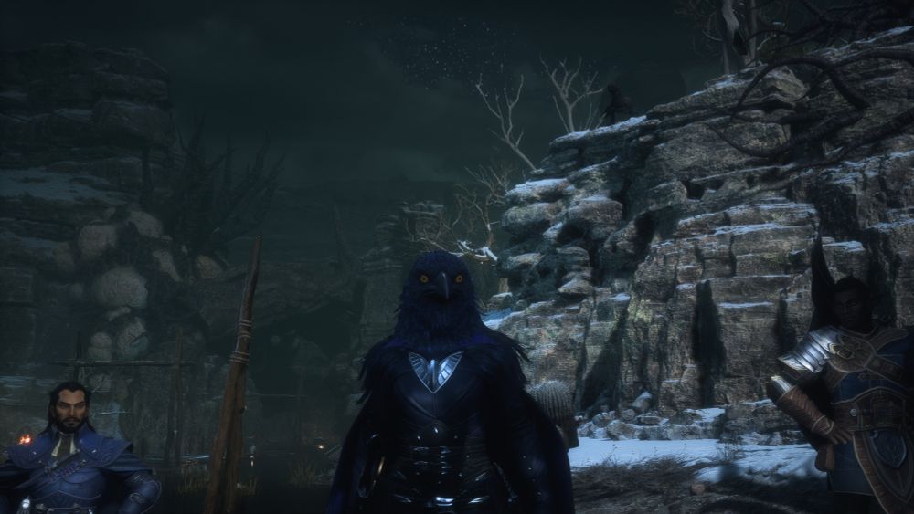 My canon Rook, Zea De Riva in the Hossberg Wetlands, wearing the Crow helm and one of the Antivan Crow outfits. Lucanis and Davrin flank her on her right and left.