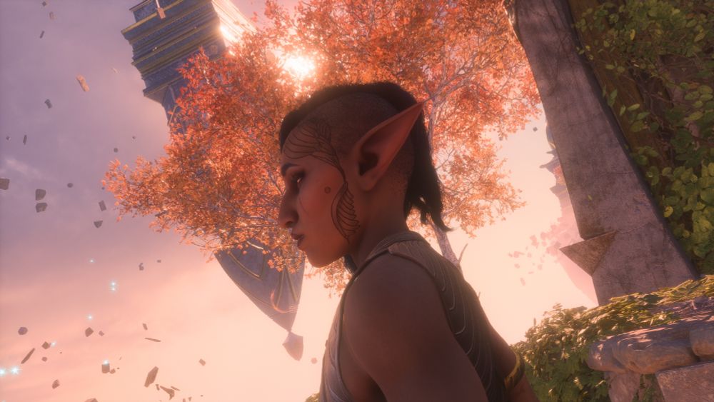 My original character from Dragon Age The Veilguard, Zea De Riva. She stands in front of tree with orange and red leaves as well as bits and pieces of a concrete building that float in the air.