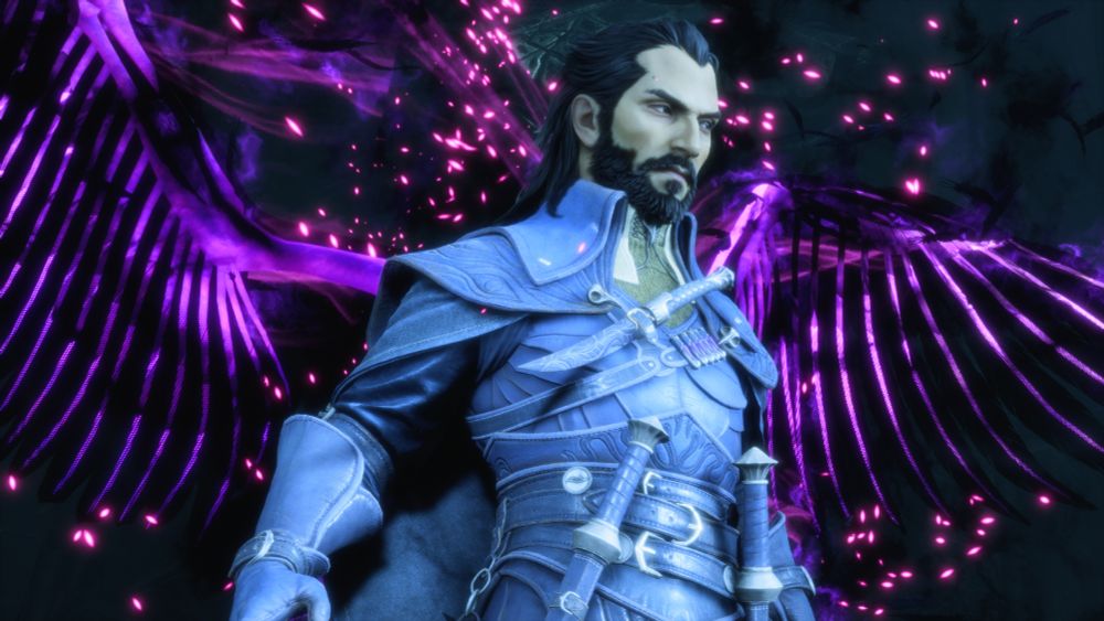 Lucanis Dellamorte from Dragon Age the Veilguard stands in a blue, leather outfit with leather gauntlets and matching knives with holsters and belts. He has purple wings with a black aurora emerging from his back.