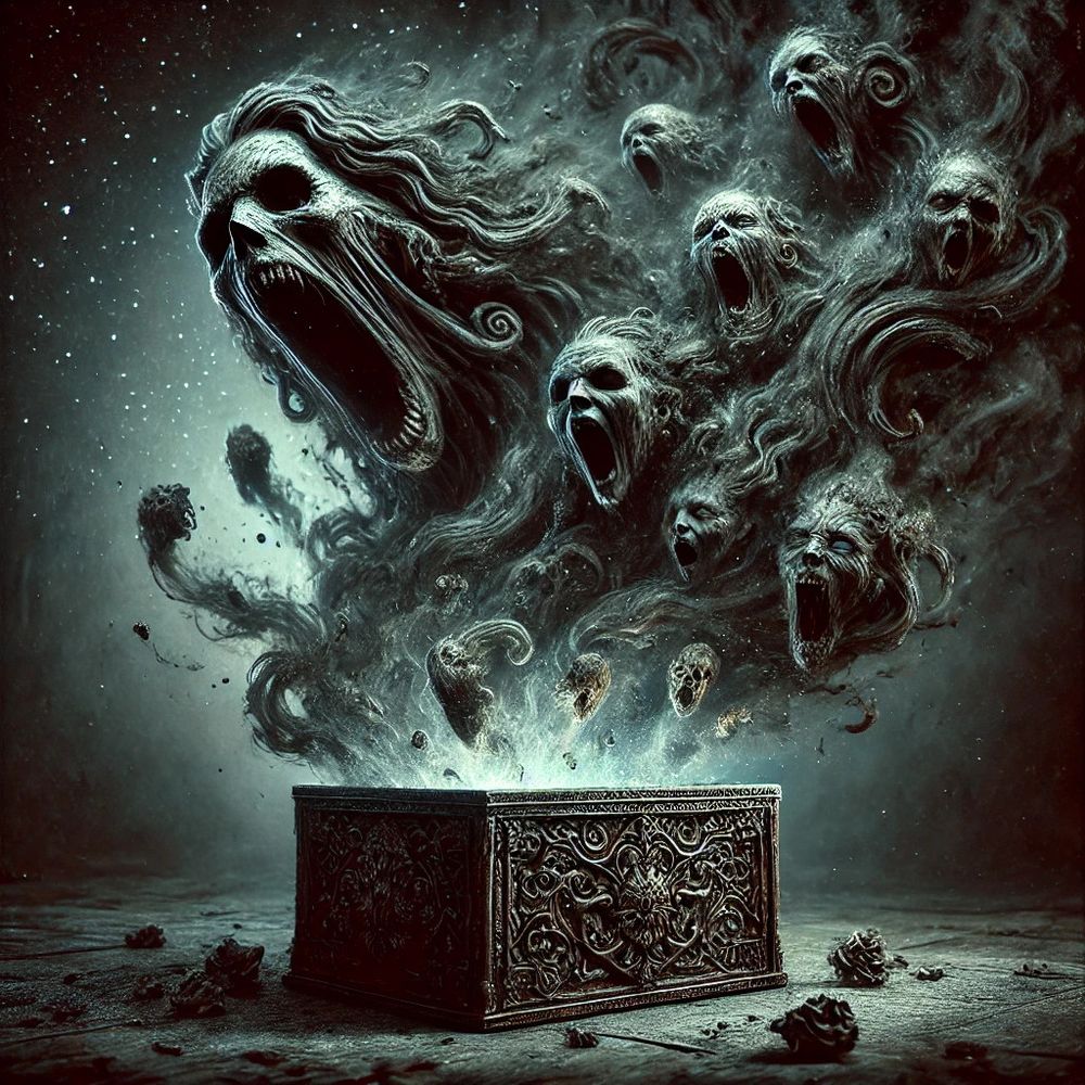 An eerie depiction of Pandora’s box, releasing swirling dark smoke filled with distorted, screaming faces. The ornate, cracked box sits on a desolate surface, surrounded by ominous flowers, under a bleak, star-speckled sky.