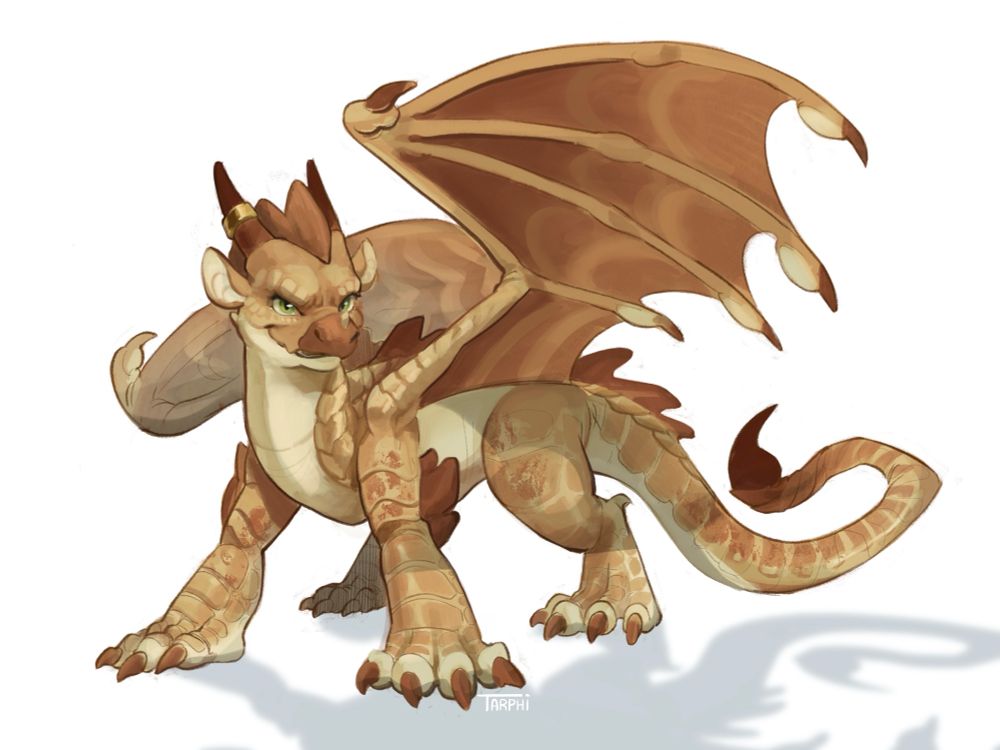 Rendered drawing of a young golden dragon from Wings of Fire looking confident