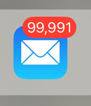 Mail app icon with notification badge reading 99,991