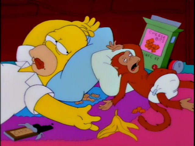 simpsons screenshot: Homer and his helper monkey Mojo both full of food