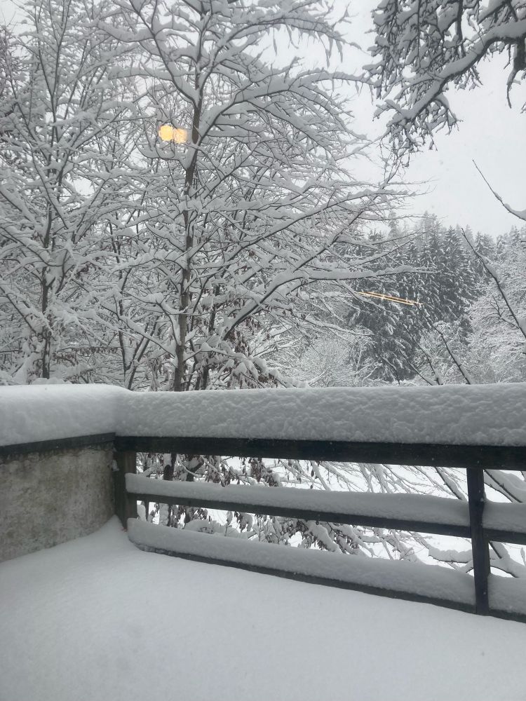 Blick auf die zugeschneite Terrasse. In etwa 40 cm Neuschnee.