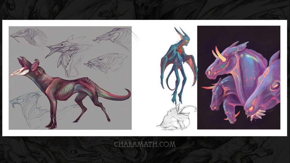 two page spread of the book depicting digital sketches of mostly horse-like monsters