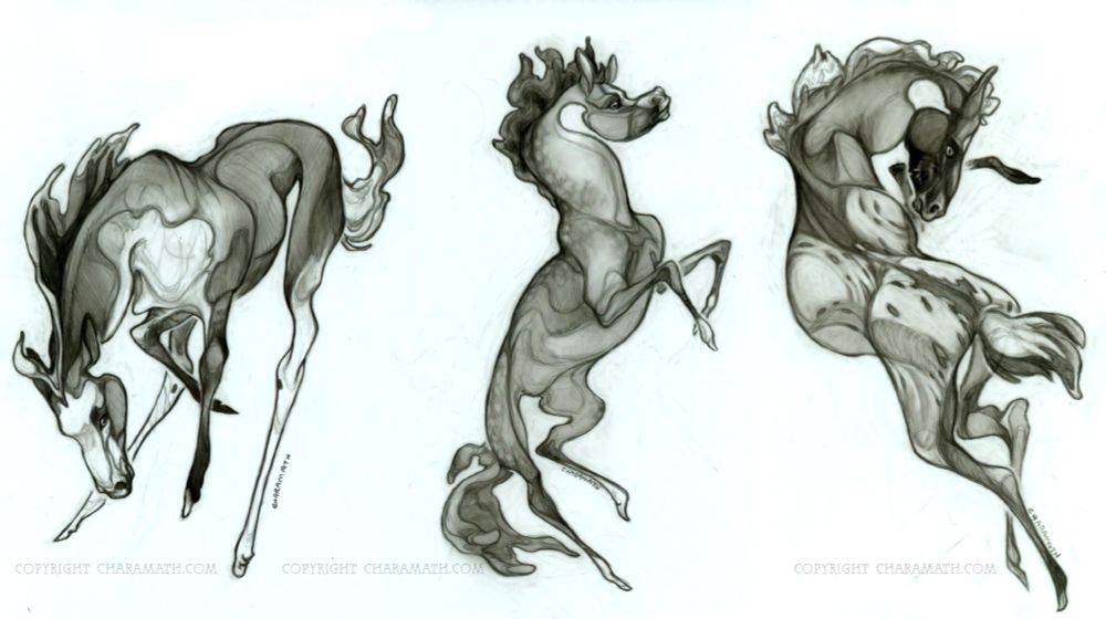 traditional pencil drawings of three stylized horses