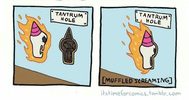 A flaming wizard skull screaming into a ‘tantrum hole’.  Comic by itstimeforcomics.tumblr.com https://www.tumblr.com/itstimeforcomics-blog/158970083527/a-bigass-sorry