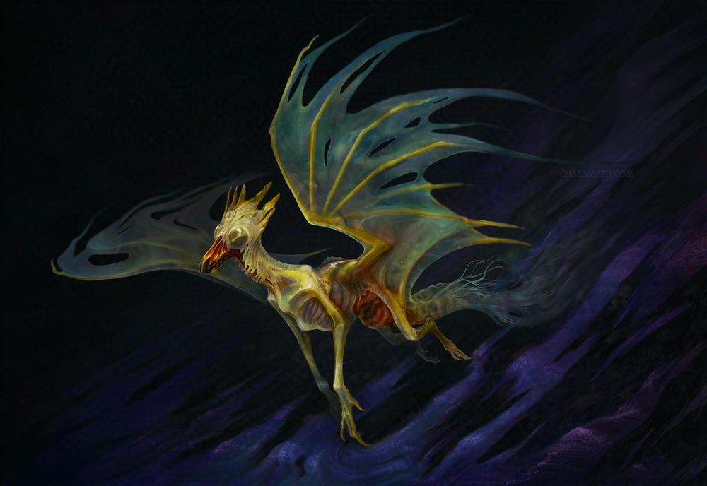 digital art of a skeletally thin, wraith-like dragon drifting above a purple cloud bank