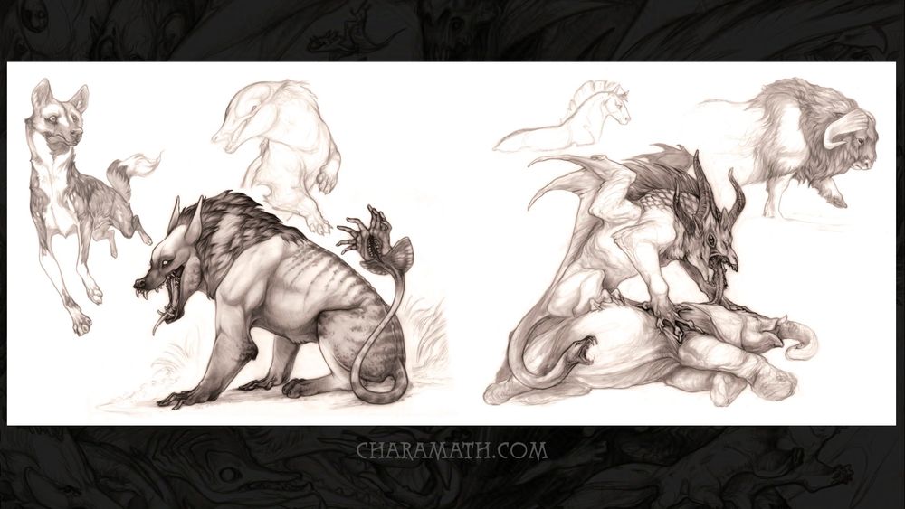 two page spread of the book depicting pencil sketches of animals and creatures from mythology