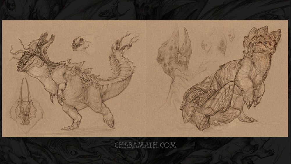 two page spread of the book depicting pencil sketches of bipedal, dinosaur adjacent creatures and some busts