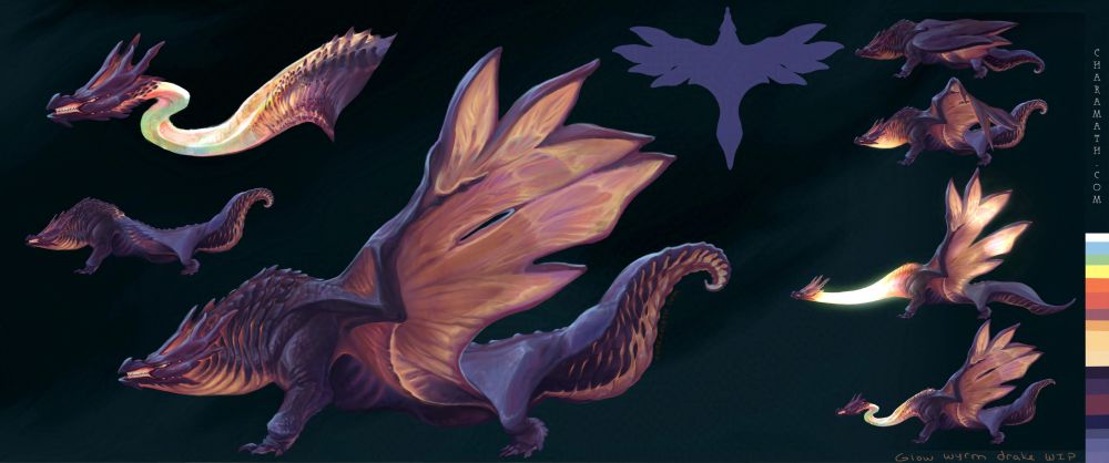 digital art (WIP) of a purple dragon with a semi-translucent beige underbelly/skin that reveals bursts of light when extended