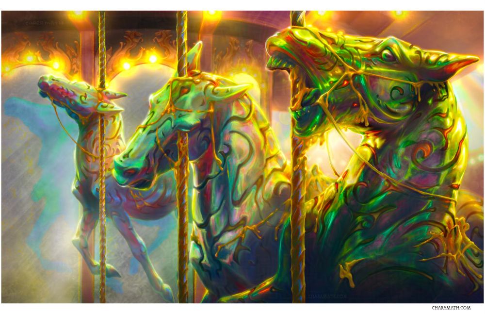 digital art of three glass carousel horses impaled on their poles
