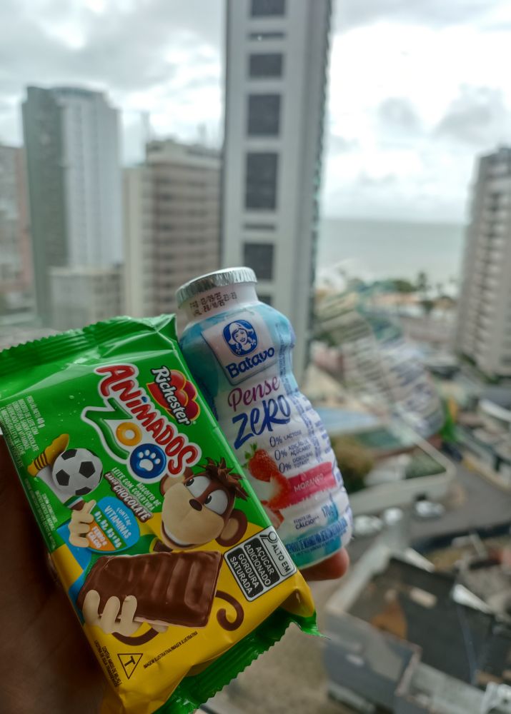 foto de uma mão segurando um iogurte pense zero da batavo e um biscoito animados zoo da richester. ao fundo, alguns telhados, prédios e o mar.