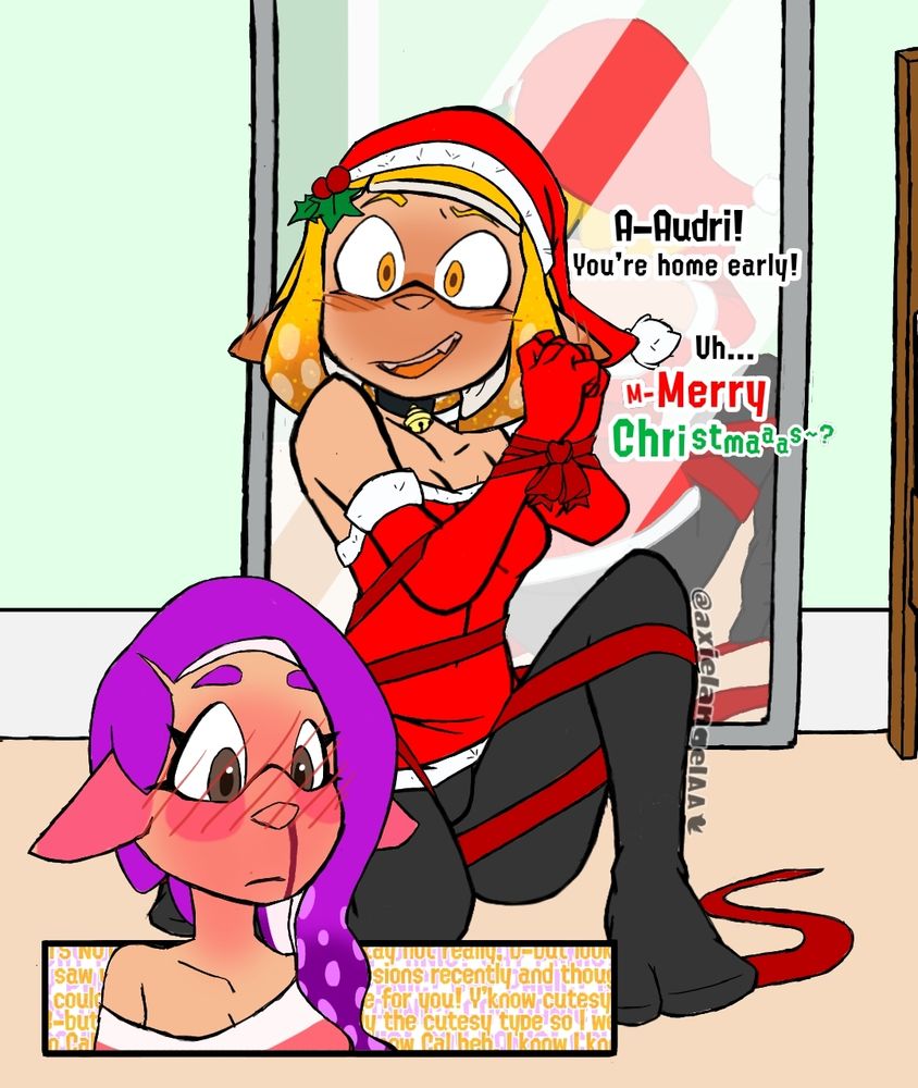 Splatoon OC Aralynn in a santa-style dress entangled in ribbons. Splatoon OC Audri (Aralynn's girlfriend) walks in on her and proceeds to have a nosebleed and internal gay Panic as Aralynn tries to explain the situation