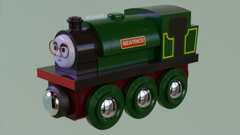 Another 3D BRIO style model of a real-life engine named Beatrice! She's a small engine with dark green paint, and red and yellow accents. She also has glasses!