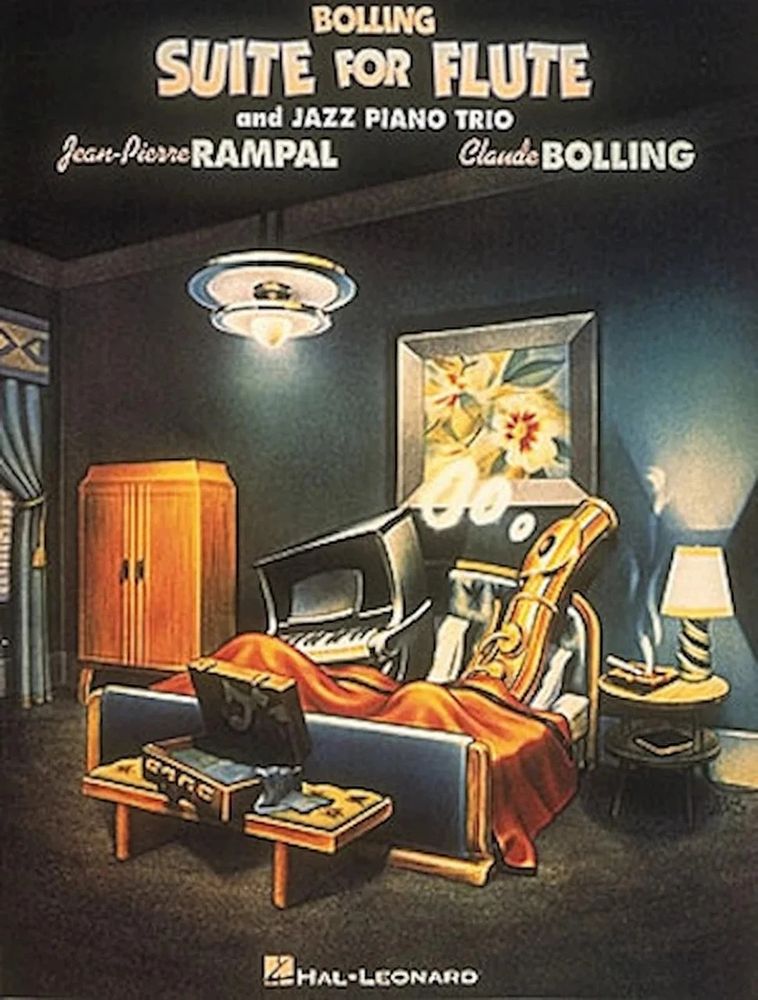 Album cover for Suite for Flute and Jazz Piano Trio with Jean-Pierre Rampal and Claude Bolling. An upright piano and a flute are in bed in a 1930's hotel room. The flute is blowing smoke rings, and there is a burning cigarette on the nightstand 