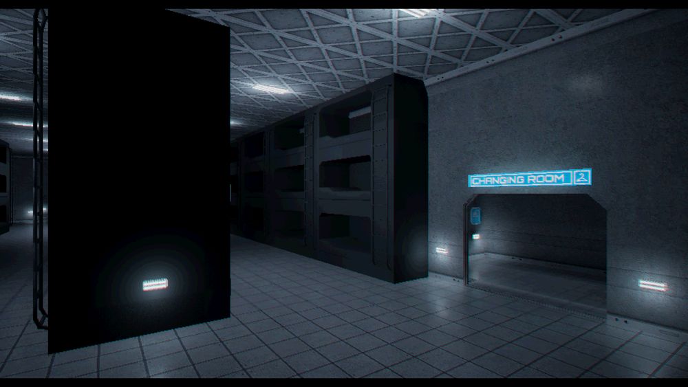 Screenshot of the video game PROXIMITY ALERT! a co-op, space, survival horror showcasing different environments this is the Habitation and Changing Room area.