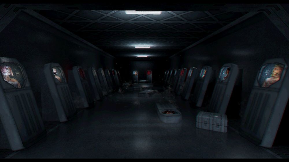 Screenshot of the video game PROXIMITY ALERT! a co-op, space, survival horror showcasing different environments this is the Cryogenics storage area.