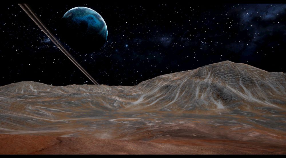 Screenshot from the game PROXIMITY ALERT! a dusty rocky moon landscape with other planets, planets, asteroid rings and a starfield.