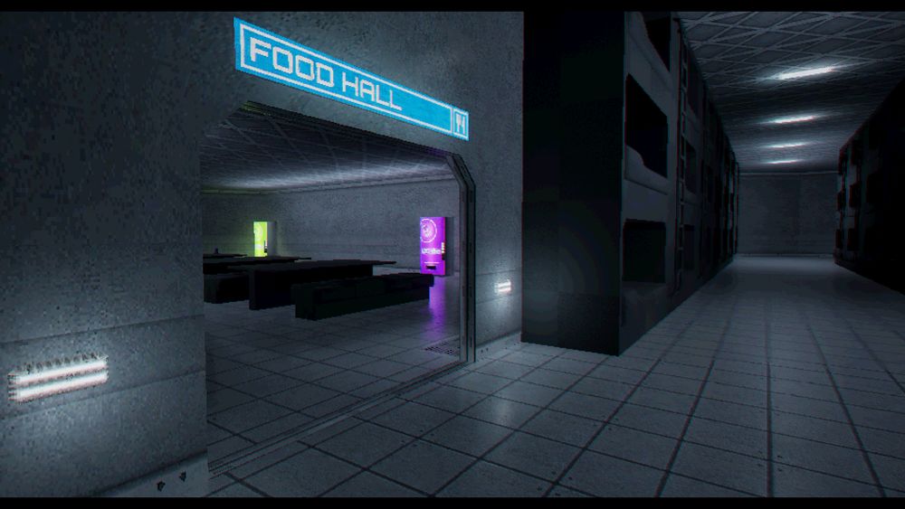 Screenshot of the video game PROXIMITY ALERT! a co-op, space, survival horror showcasing different environments this is the Habitation and Food Hall area.