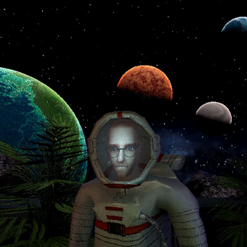 PS1 game visuals of an astronaut in space with an Earth like planet and 3 moons behind them