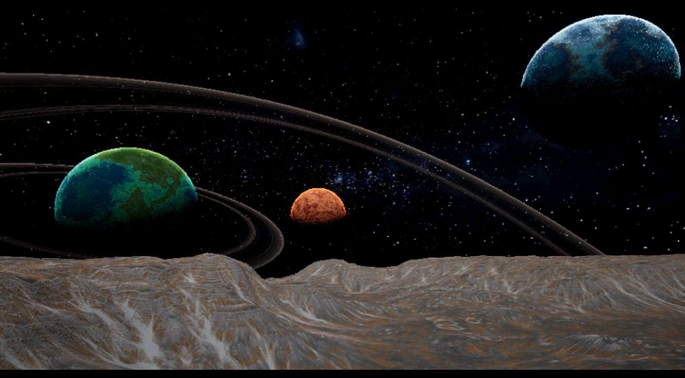 Screenshot from the game PROXIMITY ALERT! a dusty rocky moon landscape with other planets, planets, asteroid rings and a starfield.