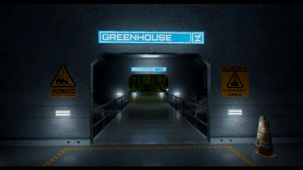 Screenshot of the video game PROXIMITY ALERT! a co-op, space, survival horror showcasing different environments this is the corridor leading to the Greenhouse area.