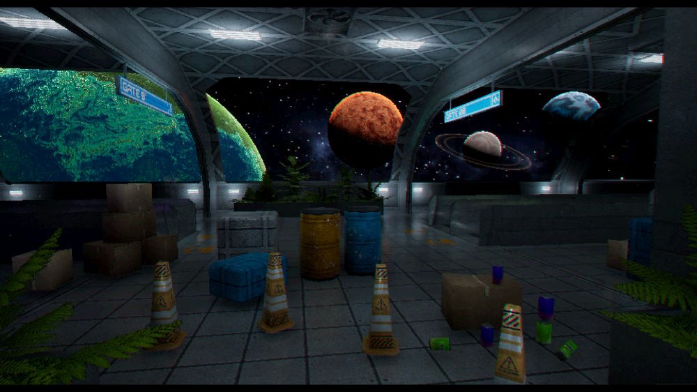 Screenshot of the video game PROXIMITY ALERT! a co-op, space, survival horror showcasing different environments this is the Spaceport area.