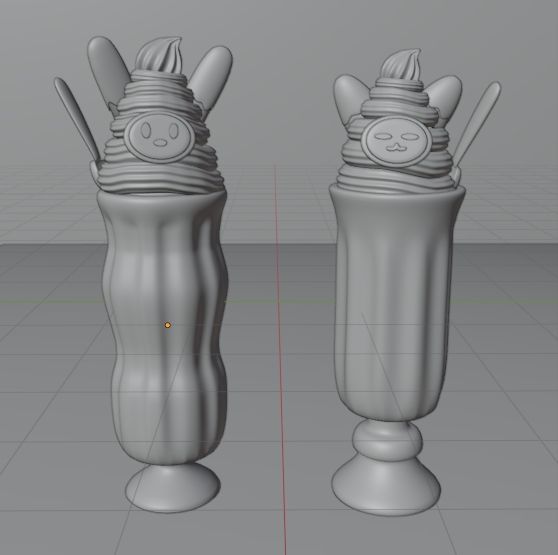 3D Blender solid of two long cups of ice cream
One has blackberry ice cream, with cream, and bubblegum ice cream, with more cream on top and cookies on top making it seems like a bunny, and a red spoon
The other has cookies and cream ice cream, chocolate cream, chocolate chunks ice cream, and more chocolate cream on top with cookies making it seem like a cat, and a blue spoon