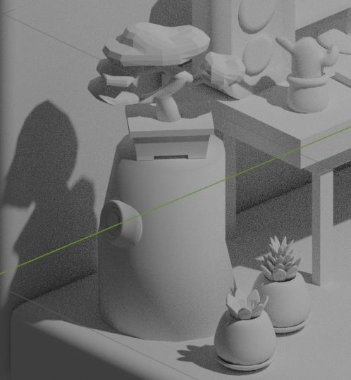 Blender clay of a bonsai on top of a tree trunk big stan, some little plants in pots o the floor around it, and a peek of a desk with a cactus in pot on it and a speaker, made by me