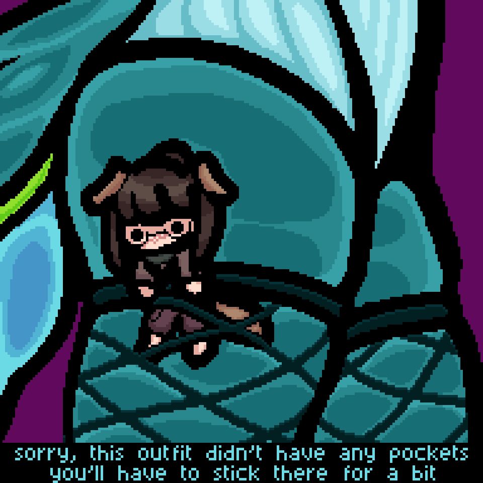 a pixelart sketch of a miniature dog girl being stored in fishnets worn by a slime girl. 