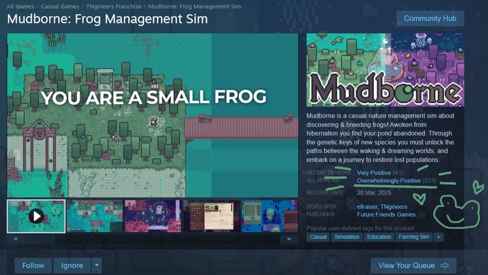 Screenshot of Mudborne on the Steam Store page. The 
“Overwhelmingly Positive” review number has been highlighted and there’s a frog smiley face graffiti. 
