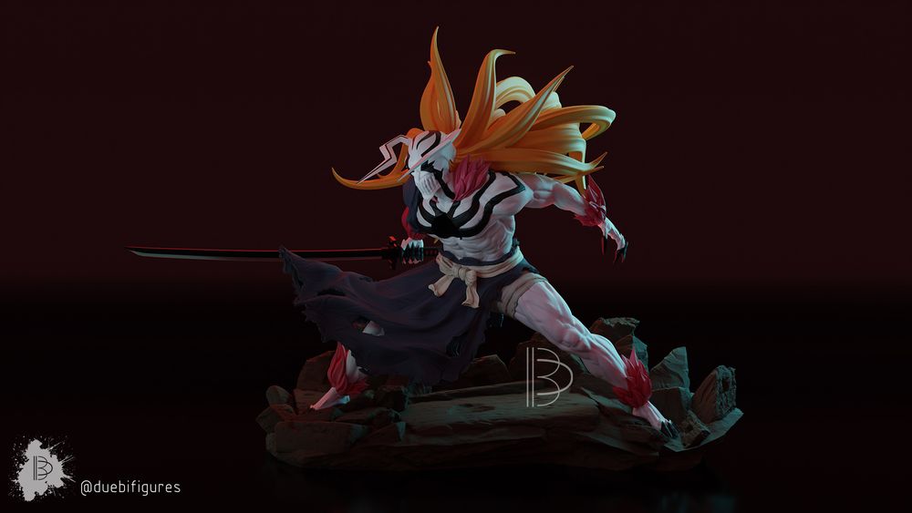 A colored render of our Ichigo figure, in Full Hollow form. He has a hole in his chest and has a katana in his right hand. His clothes are shattered and there are rocks on the base.