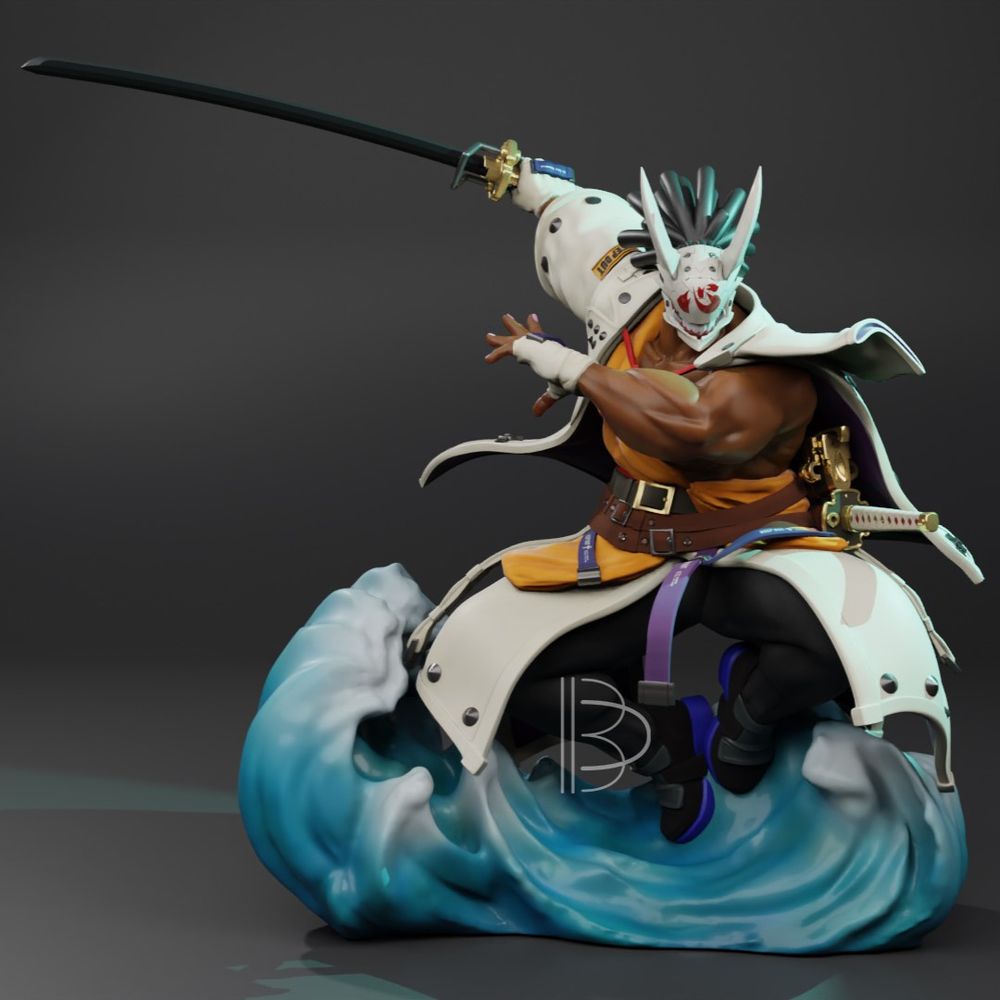 A colored render of our Nagoriyuki figure. He's holding one katana with his right hand, and he's on a sea wave.