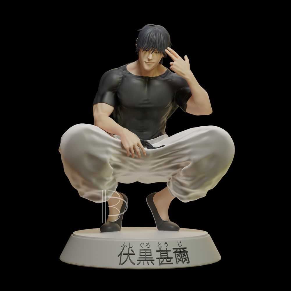 A colored render of our Toji Fushiguro figure. He is crouching, smiling and pointing a finger-gun to his head.