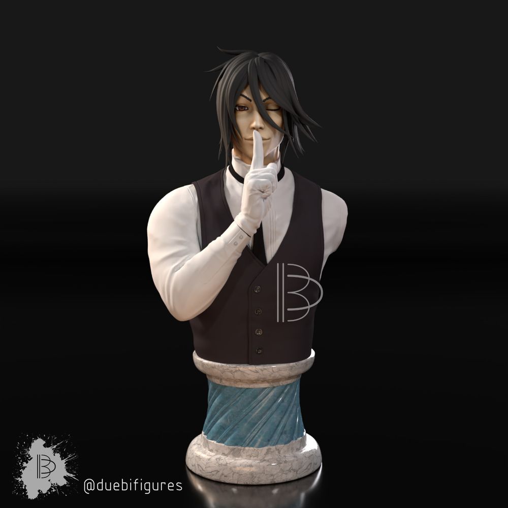 A colored render of our Sebastian bust. He's winking, and he has his index finger on his lips, as if he had a secret. You can see him up to his waist, and below there's a short column.