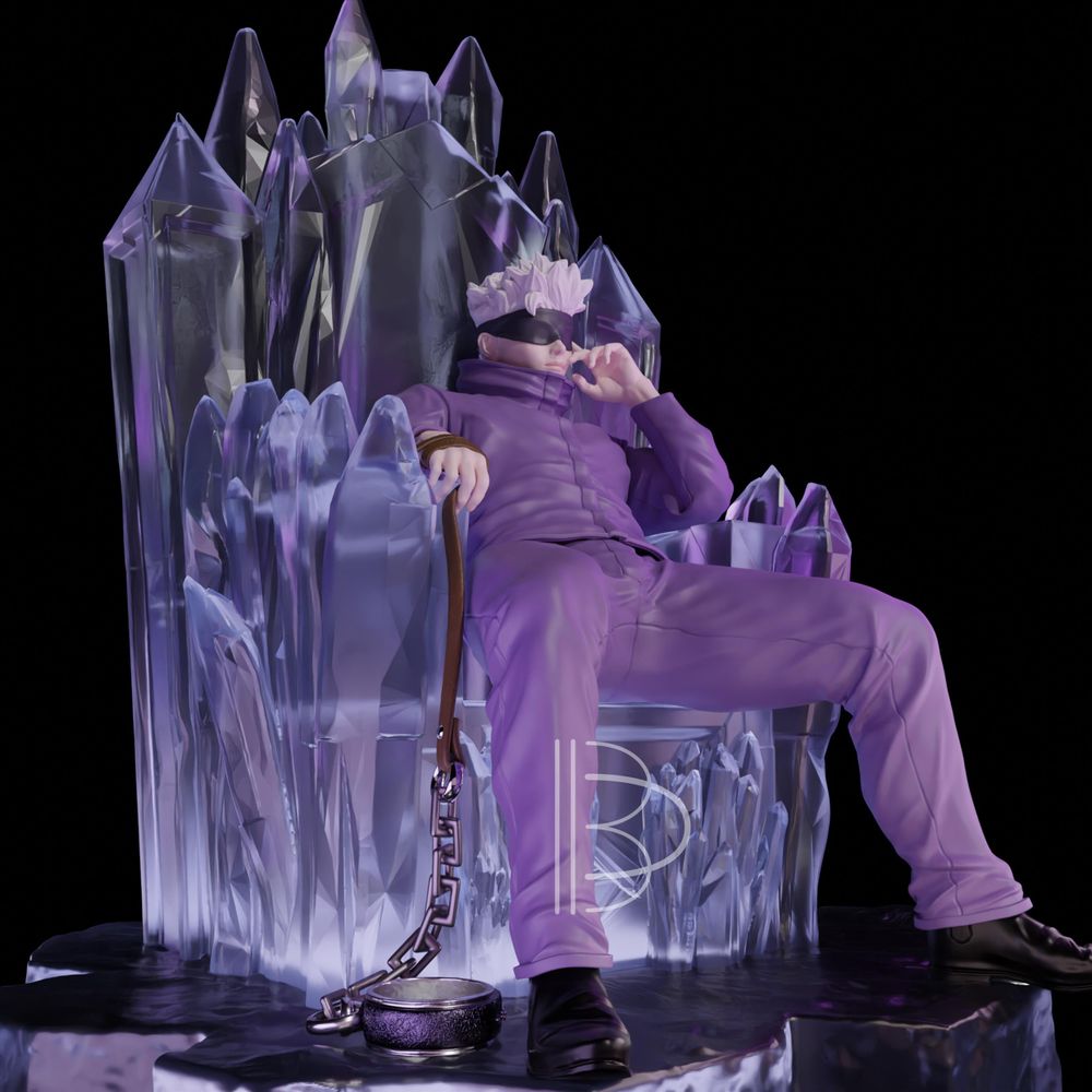 A colored render of our Gojo model. He's sitting on a crystal throne, resting his head on his left hand, with a cheeky expression and eyes covered by his blindfold. He has a dog leash in his right hand.