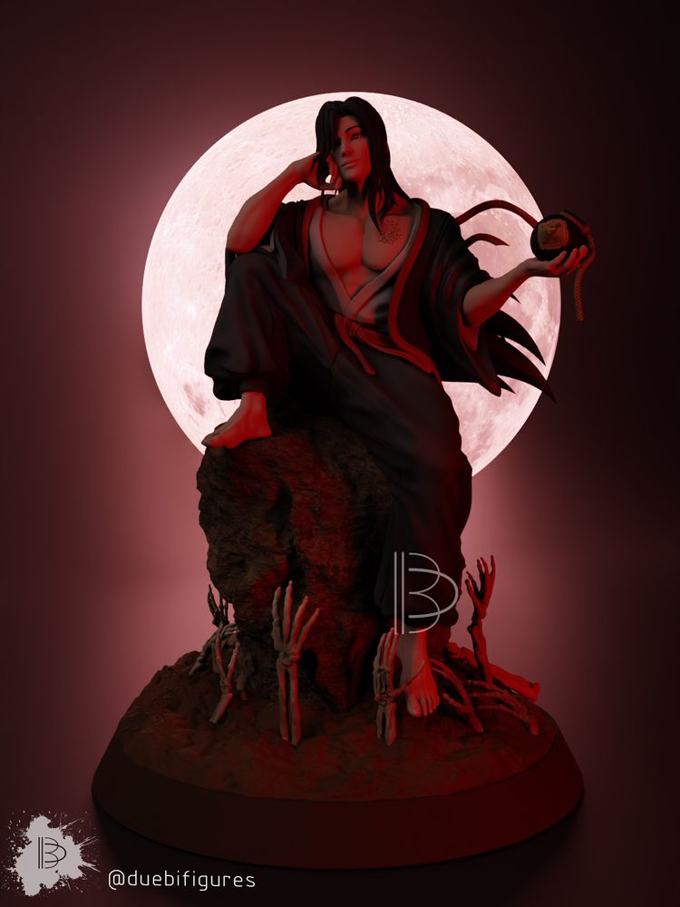 A colored render of our Wei Wuxian figure. He's holding an Emperor's Smile bottle and sitting on some rocks. Some skeletons are coming out of the ground, and there's a red full moon in the background.