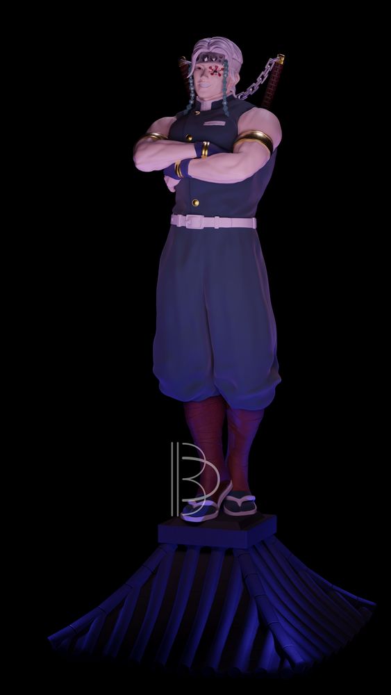 A colored render of our Tengen figure, he's on a rooftop and he's smiling, crossing his arms